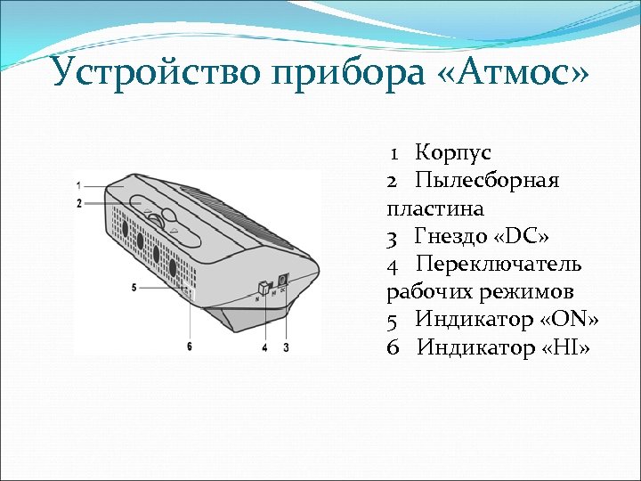 Устройство прибора «Атмос» 1 Корпус 2 Пылесборная пластина 3 Гнездо «DC» 4 Переключатель рабочих
