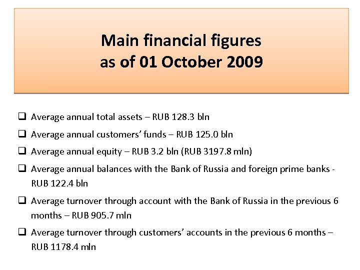 Main financial figures as of 01 October 2009 q Average annual total assets –
