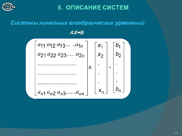 5. ОПИСАНИЕ СИСТЕМ Системы линейных алгебраических уравнений АХ=В Х = 45 