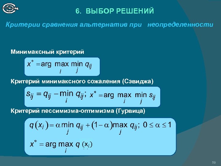 6. ВЫБОР РЕШЕНИЙ Критерии сравнения альтернатив при неопределенности Минимаксный критерий Критерий минимаксного сожаления (Сэвиджа)