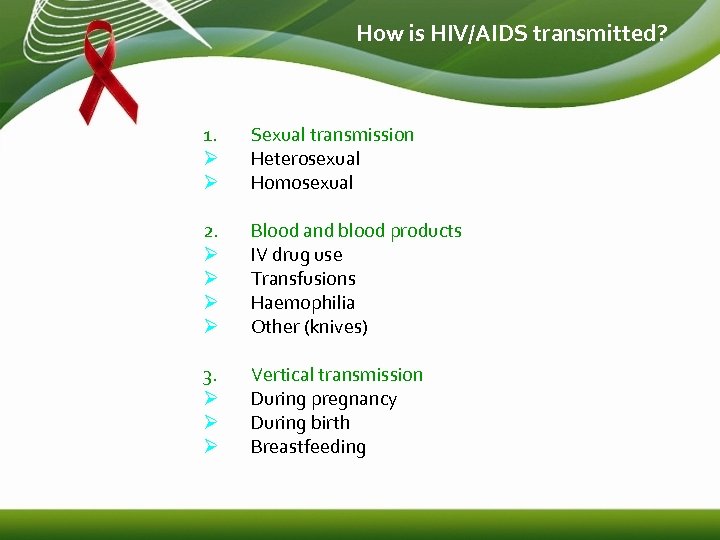 How is HIV/AIDS transmitted? 1. Ø Ø Sexual transmission Heterosexual Homosexual 2. Ø Ø