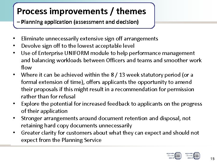 Process improvements / themes – Planning application (assessment and decision) • Eliminate unnecessarily extensive