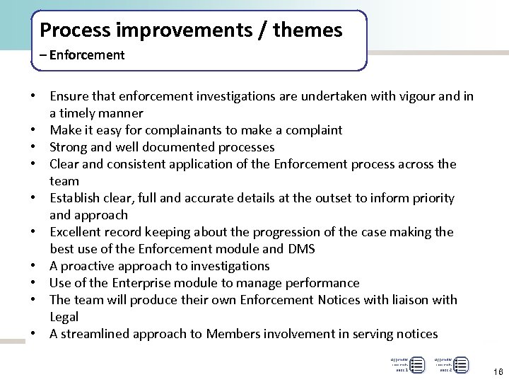 Process improvements / themes – Enforcement • Ensure that enforcement investigations are undertaken with