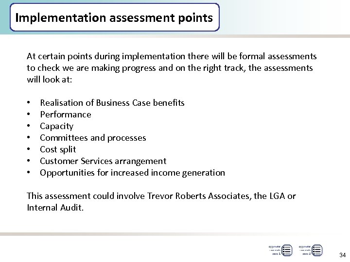 Implementation assessment points At certain points during implementation there will be formal assessments to