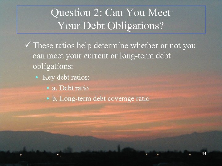 Question 2: Can You Meet Your Debt Obligations? ü These ratios help determine whether