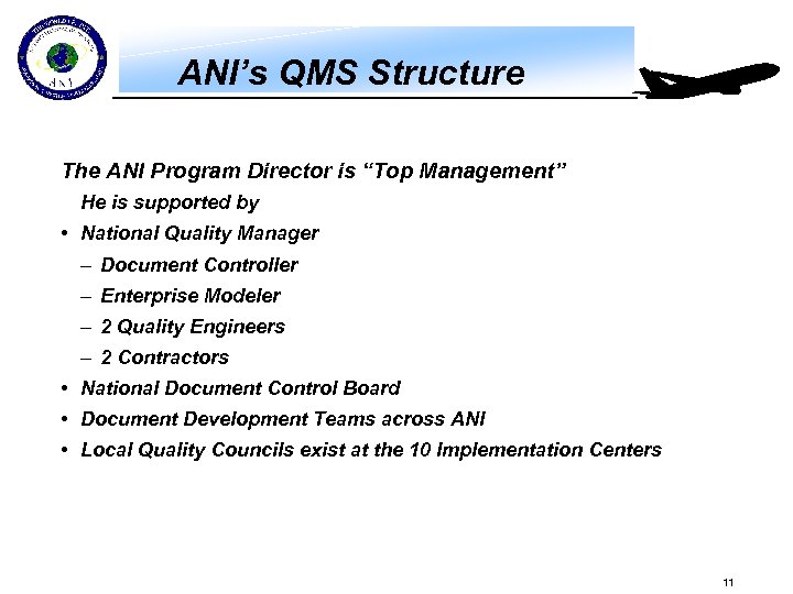 ANI’s QMS Structure The ANI Program Director is “Top Management” He is supported by