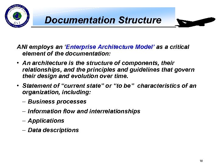 Documentation Structure ANI employs an ‘Enterprise Architecture Model’ as a critical element of the