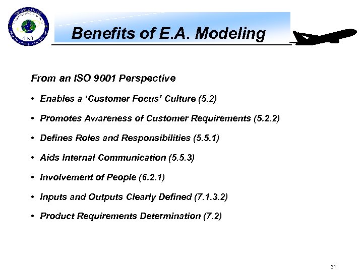 Benefits of E. A. Modeling From an ISO 9001 Perspective • Enables a ‘Customer