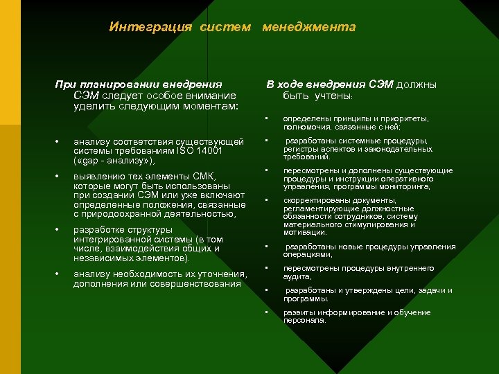 Интеграция систем менеджмента При планировании внедрения СЭМ следует особое внимание уделить следующим моментам: В
