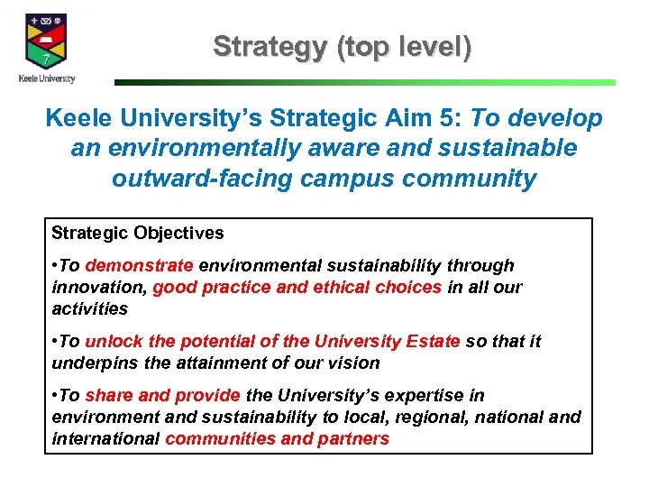 Strategy (top level) Keele University’s Strategic Aim 5: To develop an environmentally aware and