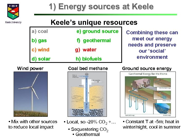 1) Energy sources at Keele’s unique resources a) coal e) ground source b) gas