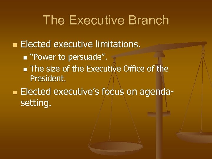 The Executive Branch n Elected executive limitations. “Power to persuade”. n The size of