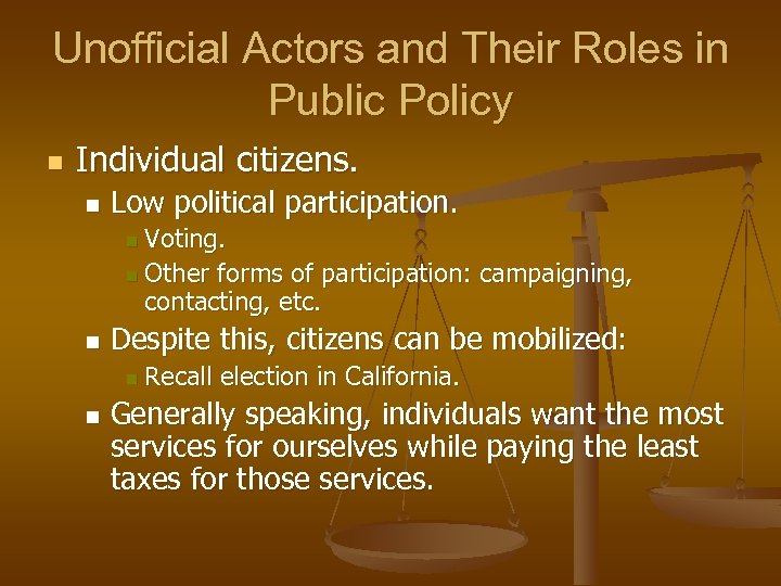 Unofficial Actors and Their Roles in Public Policy n Individual citizens. n Low political