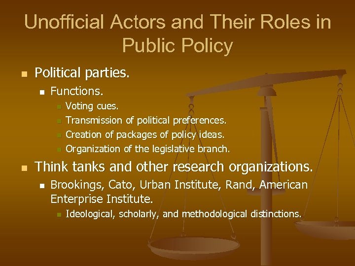 Unofficial Actors and Their Roles in Public Policy n Political parties. n Functions. n