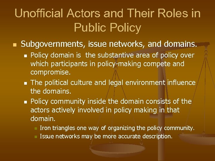 Unofficial Actors and Their Roles in Public Policy n Subgovernments, issue networks, and domains.