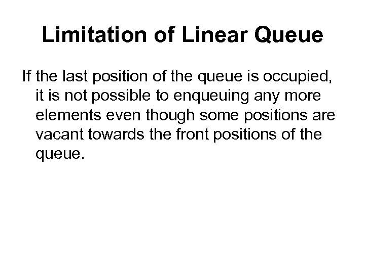 Limitation of Linear Queue If the last position of the queue is occupied, it