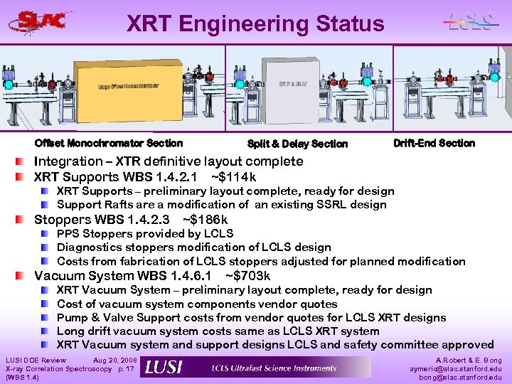 XRT Engineering Status Offset Monochromator Section Split & Delay Section Drift-End Section Integration –