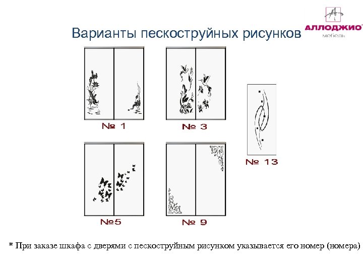 Варианты пескоструйных рисунков * При заказе шкафа с дверями с пескоструйным рисунком указывается его