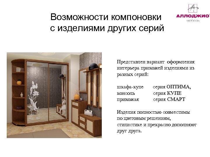 Возможности компоновки с изделиями других серий Представлен вариант оформления интерьера прихожей изделиями из разных