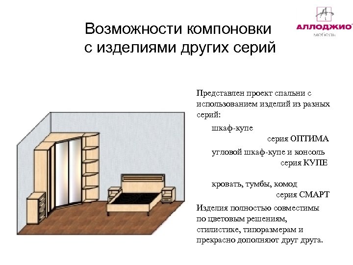 Возможности компоновки с изделиями других серий Представлен проект спальни с использованием изделий из разных