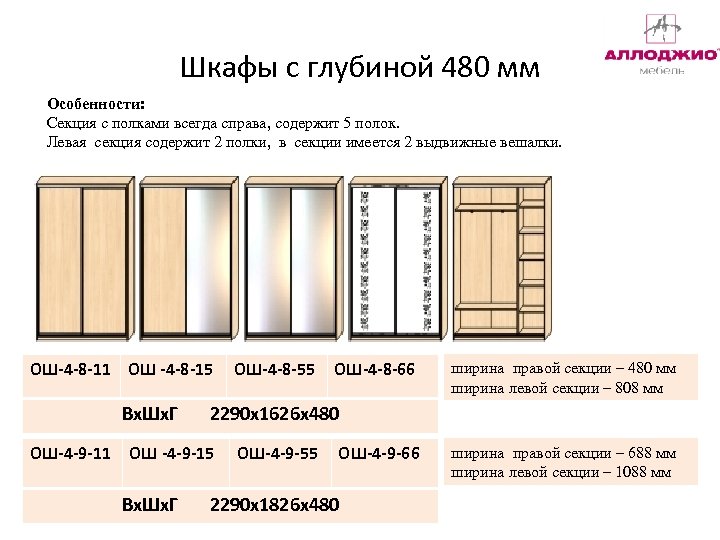 Шкафы с глубиной 480 мм Особенности: Секция с полками всегда справа, содержит 5 полок.
