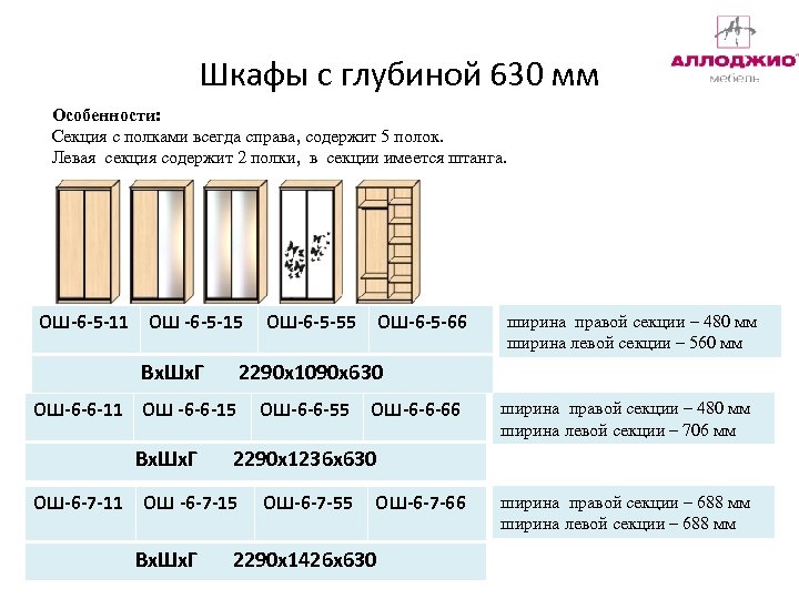 Шкафы с глубиной 630 мм Особенности: Секция с полками всегда справа, содержит 5 полок.
