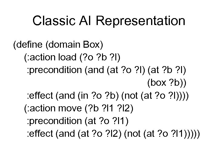 Classic AI Representation (define (domain Box) (: action load (? o ? b ?