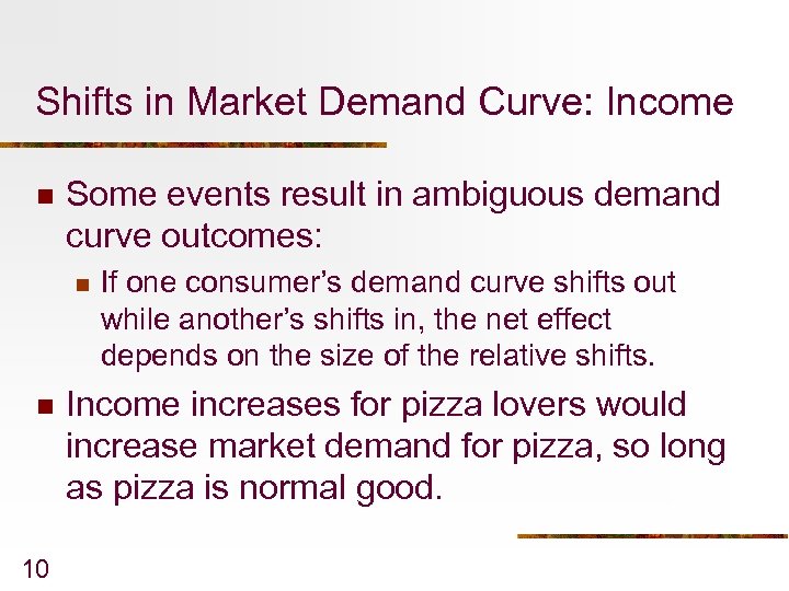 Shifts in Market Demand Curve: Income n Some events result in ambiguous demand curve