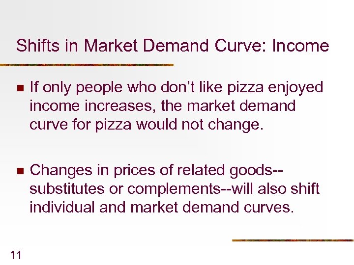 Shifts in Market Demand Curve: Income n If only people who don’t like pizza