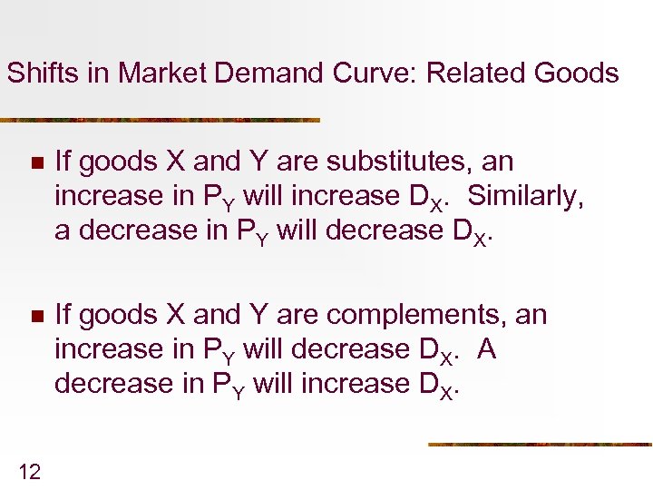 Shifts in Market Demand Curve: Related Goods n If goods X and Y are
