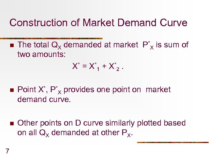 Construction of Market Demand Curve n n Point X*, P*X provides one point on