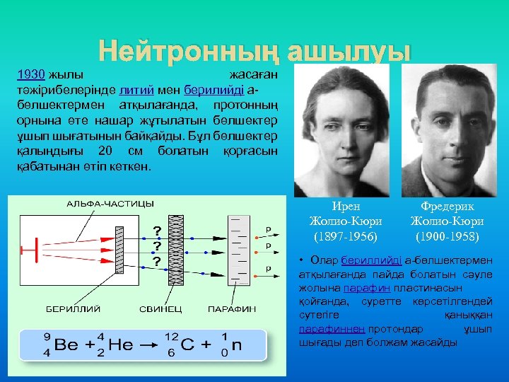 Нейтронның ашылуы 1930 жылы жасаған тәжірибелерінде литий мен берилийді абөлшектермен атқылағанда, протонның орнына өте