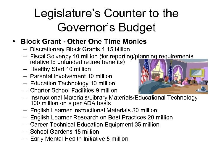 Legislature’s Counter to the Governor’s Budget • Block Grant - Other One Time Monies