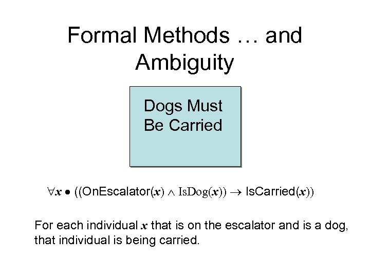 Formal Methods … and Ambiguity Dogs Must Be Carried x ((On. Escalator(x) Is. Dog(x))