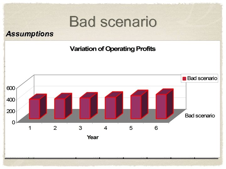Bad scenario Assumptions • Our sales don’t take off, and our growth rate is