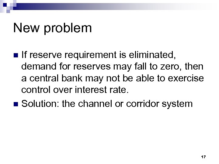 New problem If reserve requirement is eliminated, demand for reserves may fall to zero,