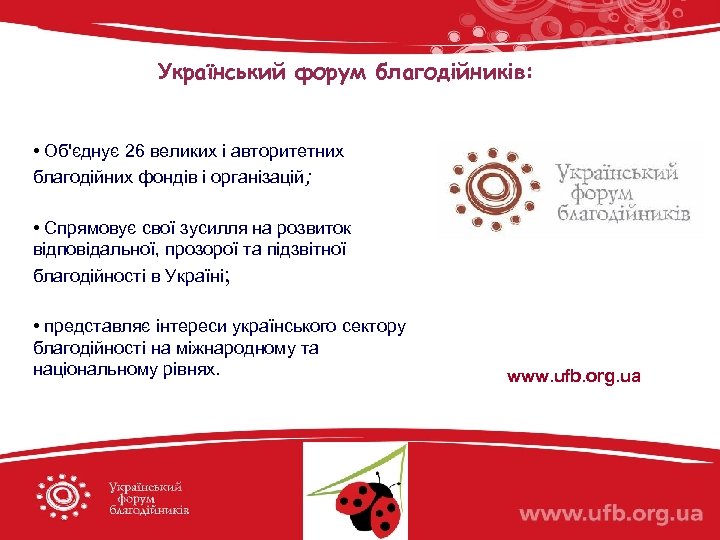 Діяльність Український форум благодійників: • Об'єднує 26 великих і авторитетних благодійних фондів і організацій;