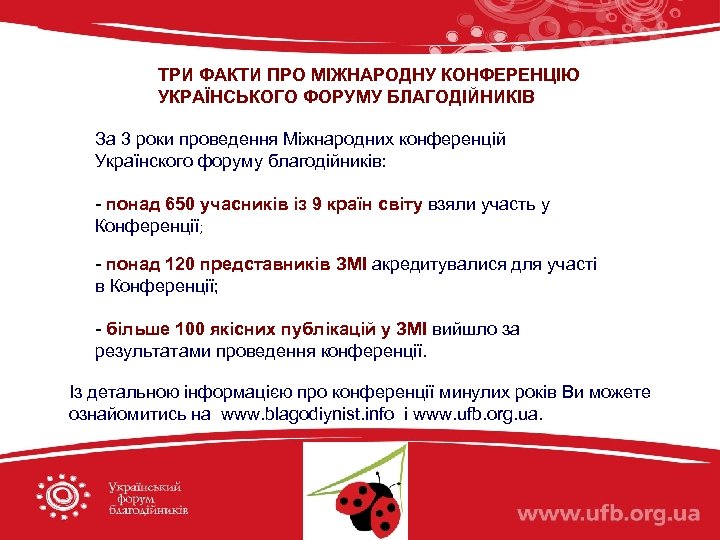 ТРИ ФАКТИ ПРО МІЖНАРОДНУ КОНФЕРЕНЦІЮ УКРАЇНСЬКОГО ФОРУМУ БЛАГОДІЙНИКІВ За 3 роки проведення Міжнародних конференцій