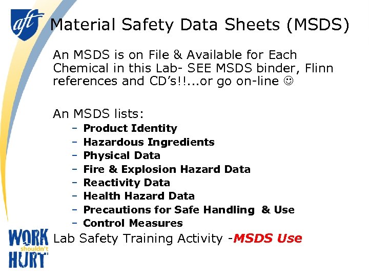 Material Safety Data Sheets (MSDS) An MSDS is on File & Available for Each