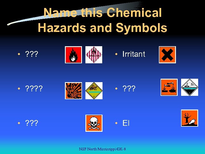 Name this Chemical Hazards and Symbols • ? ? ? • Irritant • ?