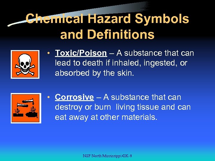 Chemical Hazard Symbols and Definitions • Toxic/Poison – A substance that can lead to