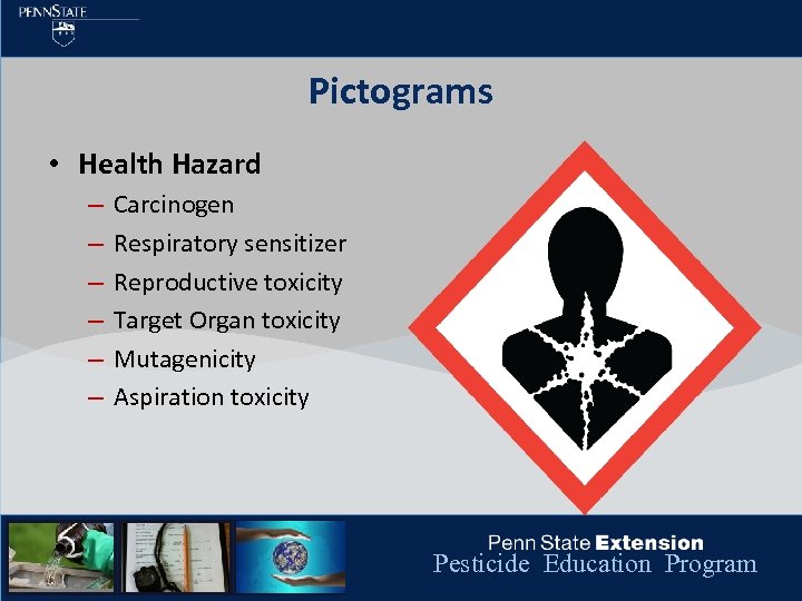 Pictograms • Health Hazard – – – Carcinogen Respiratory sensitizer Reproductive toxicity Target Organ