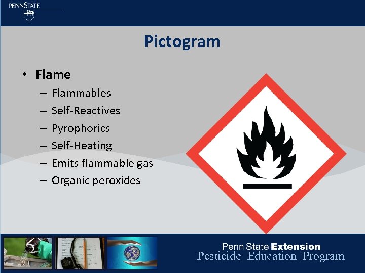 Pictogram • Flame – – – Flammables Self-Reactives Pyrophorics Self-Heating Emits flammable gas Organic