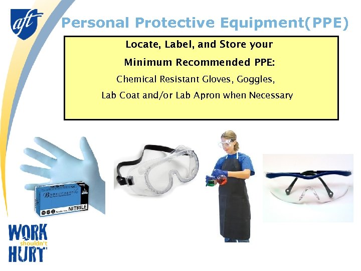 Personal Protective Equipment(PPE) Locate, Label, and Store your Minimum Recommended PPE: Chemical Resistant Gloves,