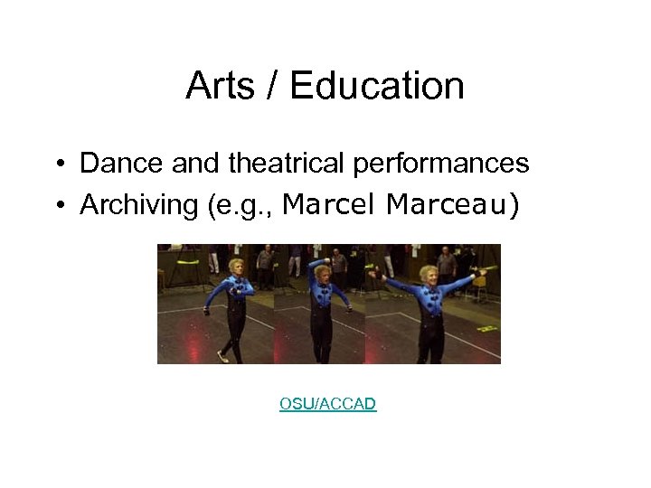 Arts / Education • Dance and theatrical performances • Archiving (e. g. , Marcel