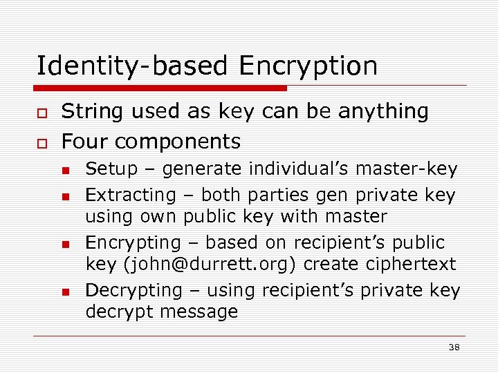 Identity-based Encryption String used as key can be anything Four components Setup – generate