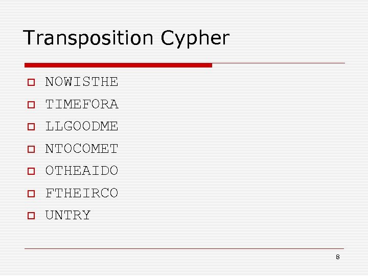 Transposition Cypher NOWISTHE TIMEFORA LLGOODME NTOCOMET OTHEAIDO FTHEIRCO UNTRY 8 