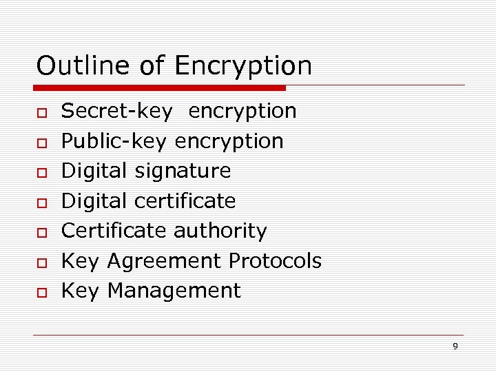 Outline of Encryption Secret-key encryption Public-key encryption Digital signature Digital certificate Certificate authority Key