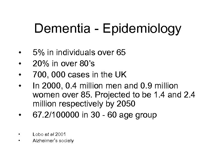 Dementia - Epidemiology • • • 5% in individuals over 65 20% in over