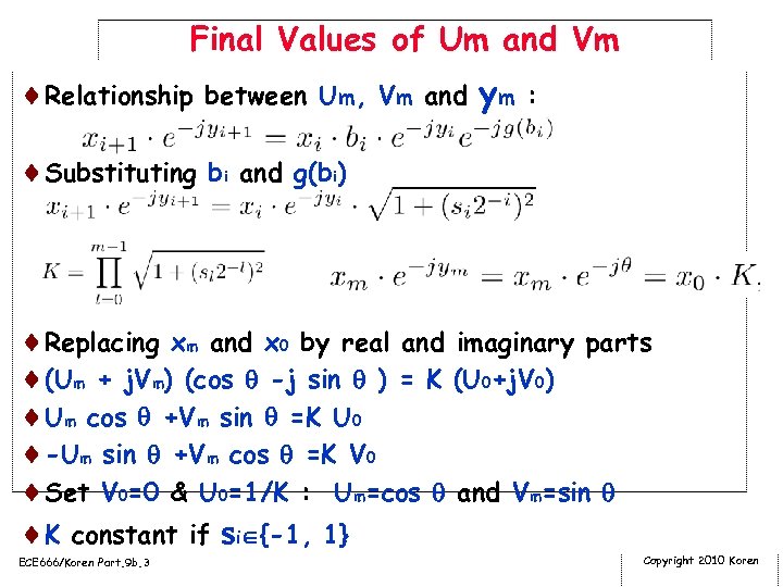 Final Values of Um and Vm ¨Relationship between Um, Vm and ym : ¨Substituting